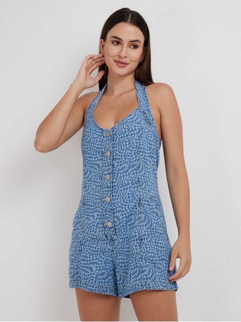 Levi’s Warped Checkerboard Denim Halter Romper Size M